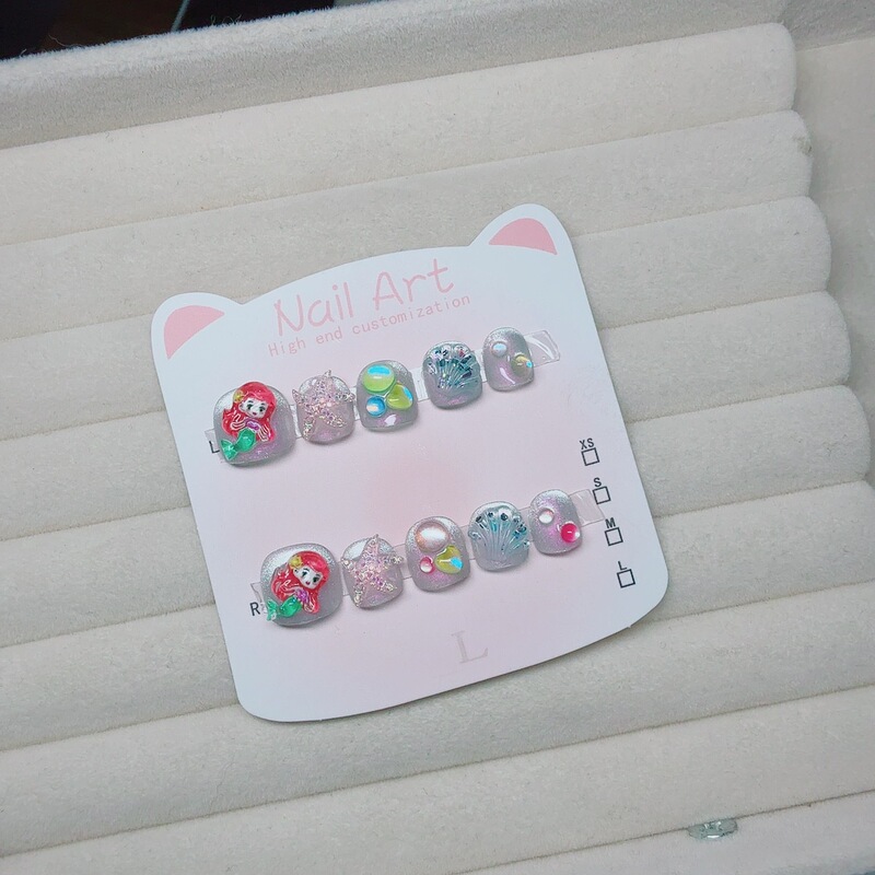 Children's Handmade Wearable Nails Baby Cartoon Cute Red Bubble Mermaid 2-8 Years Old Wearable Manicure Nail Patches