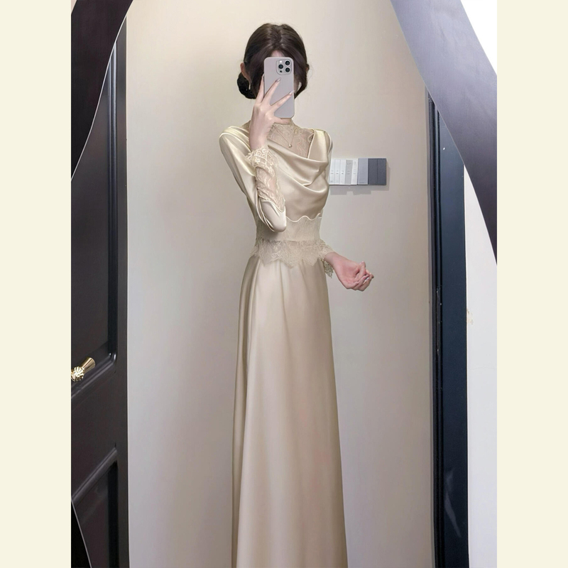Gentle and Elegant Rich Girl Style Outfit, Light Luxury and High-End Feminine Feel, Satin Scoop-Neck Dress Set for Important Occasions, Summer