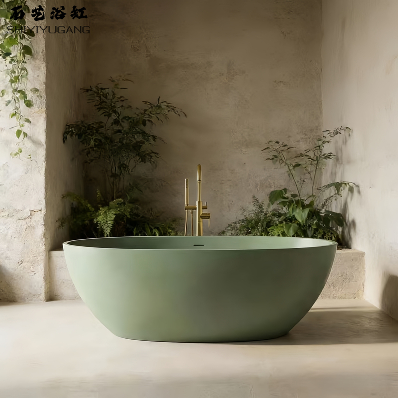 Olive Green Oval-Shaped Beautiful Stone Artificial Stone Bathtub for Home, Guesthouse, Hotel, Artistic Integrated Freestanding Bathtub