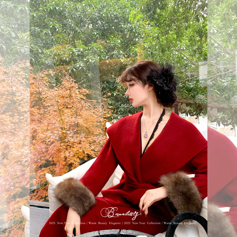 Miss Qianzi【Elegant and Alluring】Charming Chinese-Style Luxurious Red New Year Wool Double-Sided Coat Set for Autumn and Winter