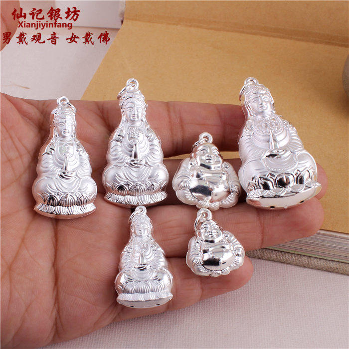 Sterling silver Guanyin Bodhisattva size pendant men and women silver 99 feet silver handmade pendant Couple Maitreya Buddha pendant necklace