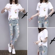 2019 summer Korean sports T-shirt jeans casual two-piece fashion temperament suit womens tide
