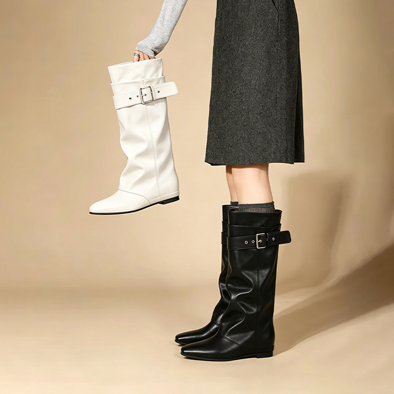 Madasu Detachable Two-Way Pointed Toe Long Boots for Women with Hidden Height Increase, Belt Buckle, Wide Shaft, and Stacked Trouser Leg Design Madasu Detachable Two-Way Pointed Toe Long Boots for Women with Hidden Height Increase, Belt Buckle, Wide Shaft, and Stacked Trouser Leg Design
