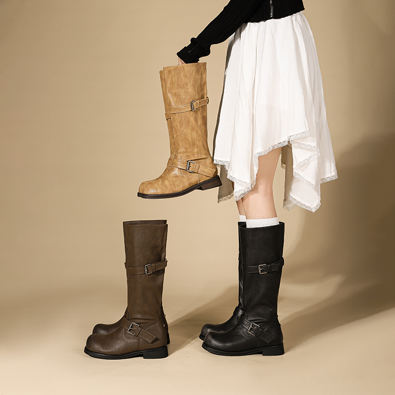 Women's Mid-Length Boots with Color-Blocking Design, Hidden Height Increase, Thick Sole, Chunky Heel, Wide Calf Circumference, and a Slouchy Style