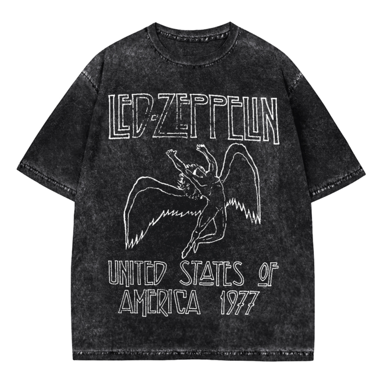 Led Zeppelin Rock Band American Retro Washed Digital Direct Print Men's Loose T-Shirt
