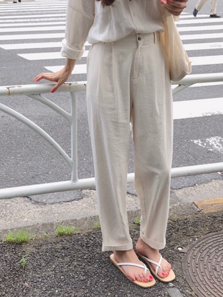 White straight casual pants women's 2022 early autumn new Korean version high waist thin wide leg pants thin section cotton linen cropped pants