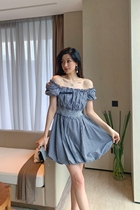 miu home 2021 summer and autumn new small plaid bubble sleeve one-shoulder lantern skirt elastic waist dress