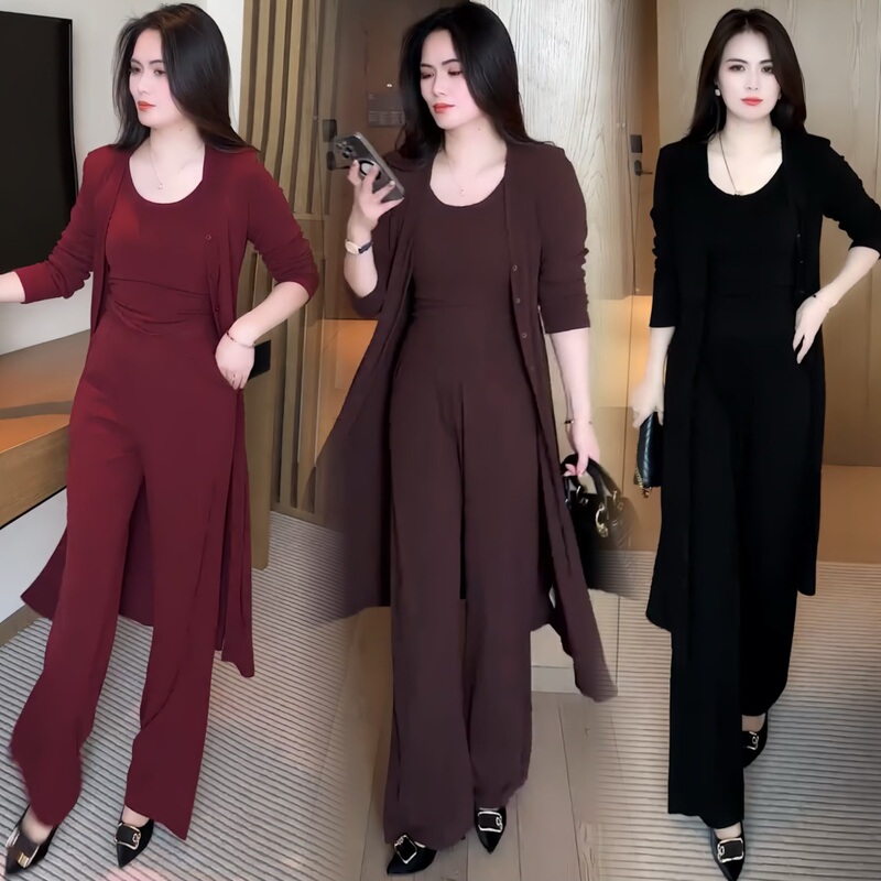Autumn New Three-Piece Women's Suit, Fashionable and Elegant Knitted Cardigan Jacket, Vest, Wide-Leg Pants, Age-Reducing Set