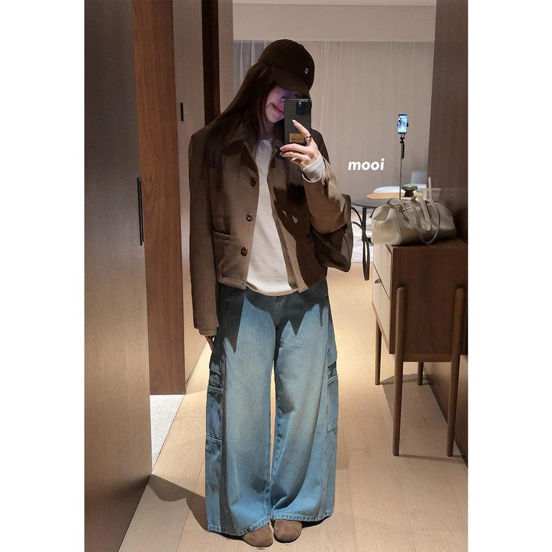 See You Soon Cheers Workwear Denim Loose Wide-Leg Pants High-Waisted Slimming Straight-Leg Work Pants Women's Jeans