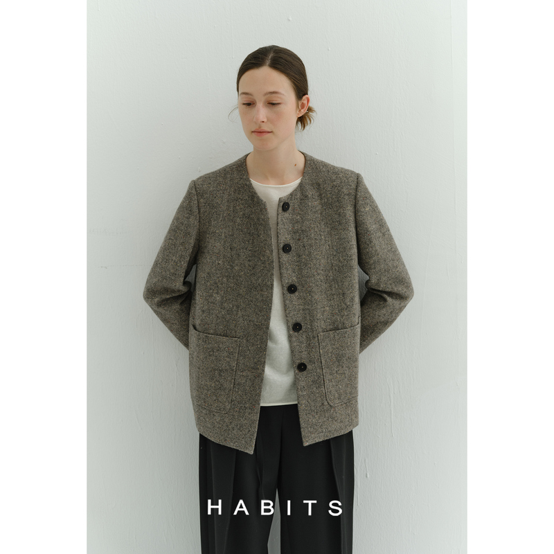 Habits Wool Speckled Tweed Fabric Single-Breasted Collarless Split-Line Design Short Coat Suit