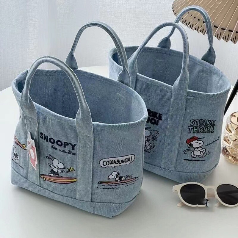 Free Shipping New Cute Dog Embroidery Japanese Cartoon Canvas Bag for Moms, Denim Handbag for Going Out, Lunch Bag for Work