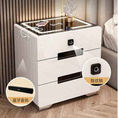 Smart multifunction bed head cabinet white baking lacquered bedroom lockers LED light wireless charging Bluetooth speaker fingerprint lock-Taobao