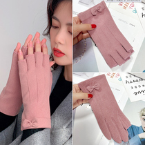 De velvet gloves female autumn and winter thickened cold writing typing touch screen riding driving warm half finger exposed two finger head gloves