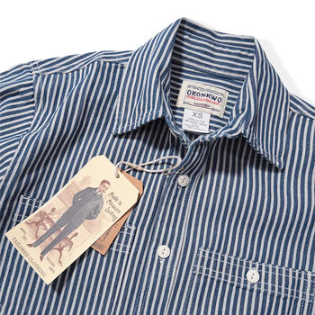 Emomo ຜູ້ຊາຍແລະແມ່ຍິງ unisex heavyweight ami khaki retro ແບບ vintage vertical striped workwear ເສື້ອແຂນຍາວ