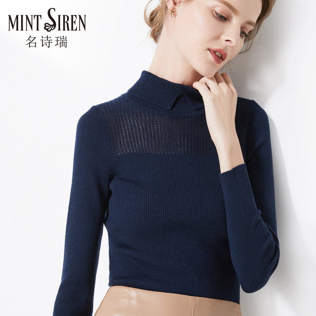 MintSiren slim high collar lapel winter bottoming sweater ແຂນຍາວ merino wool sweater ໃກ້ຊິດສໍາລັບແມ່ຍິງ