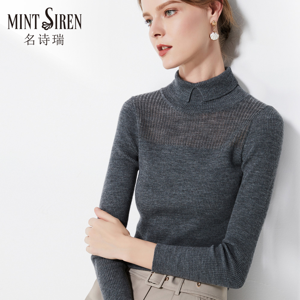 chiều cao ve áo đáy mùa đông áo len dài sleevetight Merino len đan Mint Siren Trims phụ nữ áo len