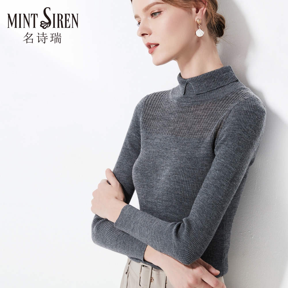 chiều cao ve áo đáy mùa đông áo len dài sleevetight Merino len đan Mint Siren Trims phụ nữ áo len