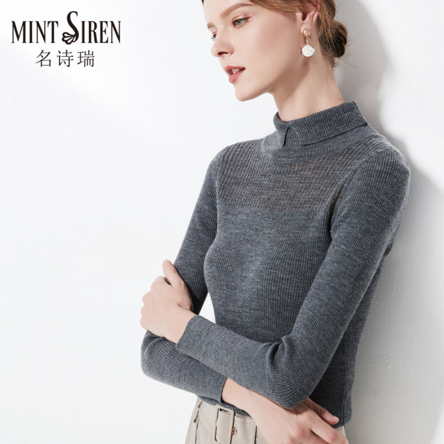 MintSiren slim high collar lapel winter bottoming sweater ແຂນຍາວ merino wool sweater ໃກ້ຊິດສໍາລັບແມ່ຍິງ