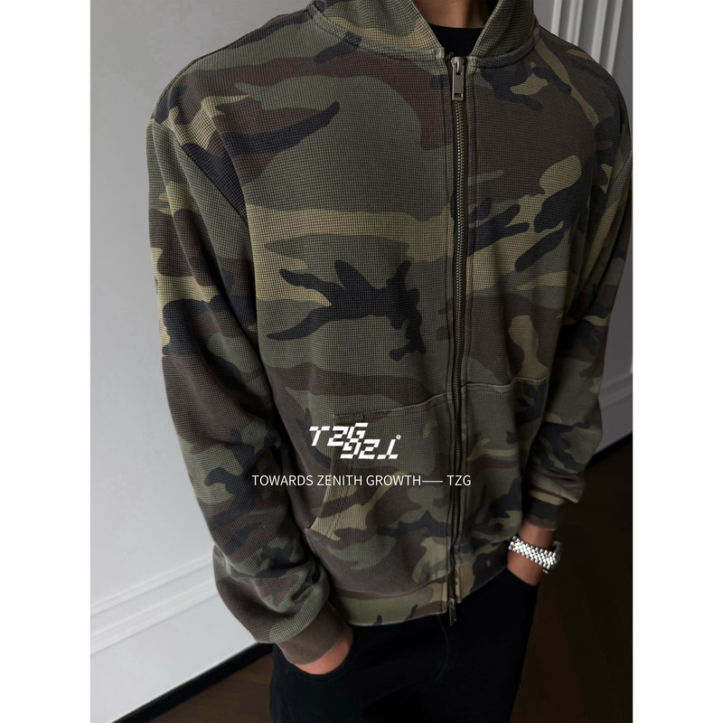 Tzg Camouflage Vintage Retro Washed Distressed Color-Blocked Zip-Up Hoodie Men's Relaxed Fit Cardigan Jacket Tzg Camouflage Vintage Retro Washed Distressed Color-Blocked Zip-Up Hoodie Men's Relaxed Fit Cardigan Jacket