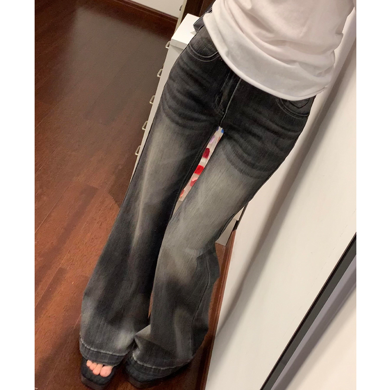American Retro Low-Waist Gray Non-Tight-Fitting Flared Jeans for Women, 2026 Autumn New Style, Drapey Slimming Straight-Leg Pants