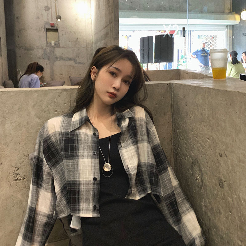 Grid sun shirt woman summer thin 2021 new retro short autumn fashion dress dress