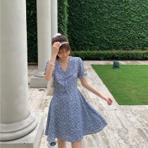 Summer outdoor blue bell flower small v collar French style snowspun dresses Fancy Dress and Elegant Wind Summer 2021 Temperament