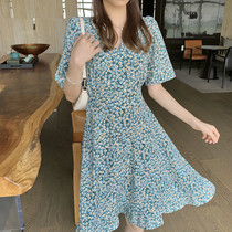 Summer small sub-style Broken Flowers Snowspun Skirt Woman 2021 out of the lotus leaf side V collar superfairy Elegant Wind Dress