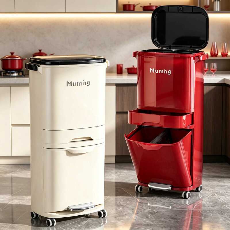 Double-Layer Kitchen Sorting Trash Can for Home Use, Dry and Wet Separation, Foot Pedal, Press-Type, with Wheels, Luxury Kitchen Waste Storage Bin Double-Layer Kitchen Sorting Trash Can for Home Use, Dry and Wet Separation, Foot Pedal, Press-Type, with Wheels, Luxury Kitchen Waste Storage Bin