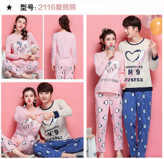 Bộ đồ ngủ đôi nữ mùa thu cotton dài tay mùa xuân và mùa thu mùa hè Hàn Quốc phiên bản cotton ngọt ngào dễ thương phục vụ nhà nam đồ lót basic