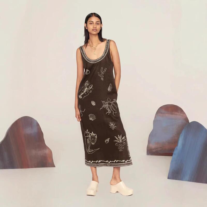 European and American 2025 Cross-Border Amazon Aliexpress Independent Site Sexy Spaghetti Strap Elegant Linen Print Backless Dress