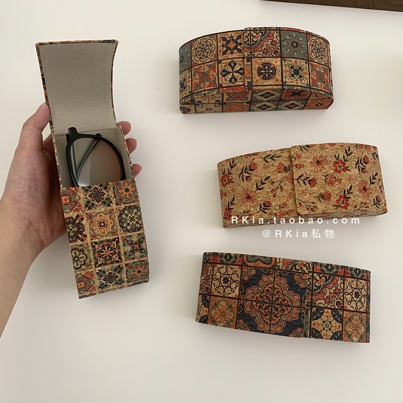 Rkia Retro Cork High-Quality Eyeglass Case with Chinese Style Floral Design, Anti-Pressure Sunglasses Storage Box Rkia Retro Cork High-Quality Eyeglass Case with Chinese Style Floral Design, Anti-Pressure Sunglasses Storage Box