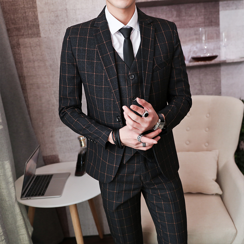 Suit suit men's Korean version plaid little suit jacket Career at work is fitting three sets of groom wedding gowns