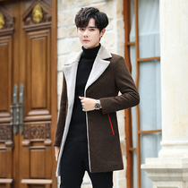 Mens woolen coat long windbreaker mens thick woolen coat lamb velvet Korean handsome windbreaker men