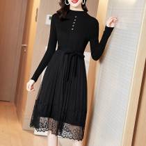Knitted Lace Dress Dress Lady Autumn Winter Lacing New Fashion Fake Two slim fit for the bottom long skirt