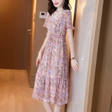 Шифоновое летнее платье, модная длинная юбка, в стиле Шанель, V-образный вырез, яркий броский стиль, средней длины