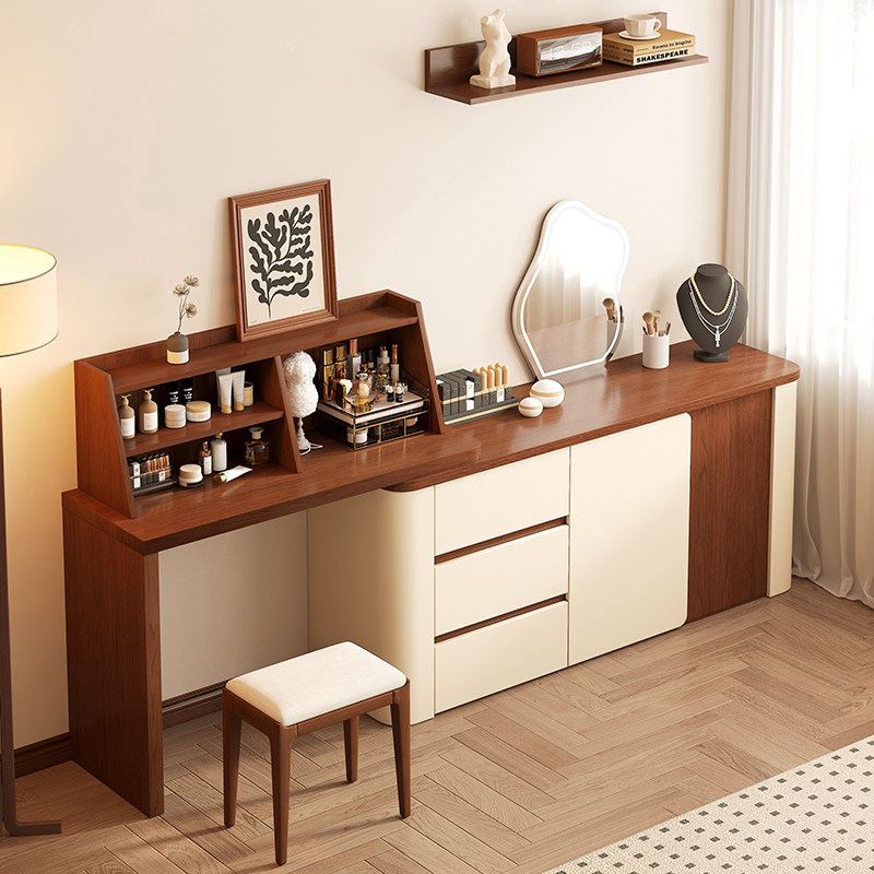 Rounded Corner French-Style Vintage Dressing Table, Makeup Table for Bedroom, Small Apartment Vanity Table, Integrated Storage Chest of Drawers, End-Of-Bed Cabinet Rounded Corner French-Style Vintage Dressing Table, Makeup Table for Bedroom, Small Apartment Vanity Table, Integrated Storage Chest of Drawers, End-Of-Bed Cabinet
