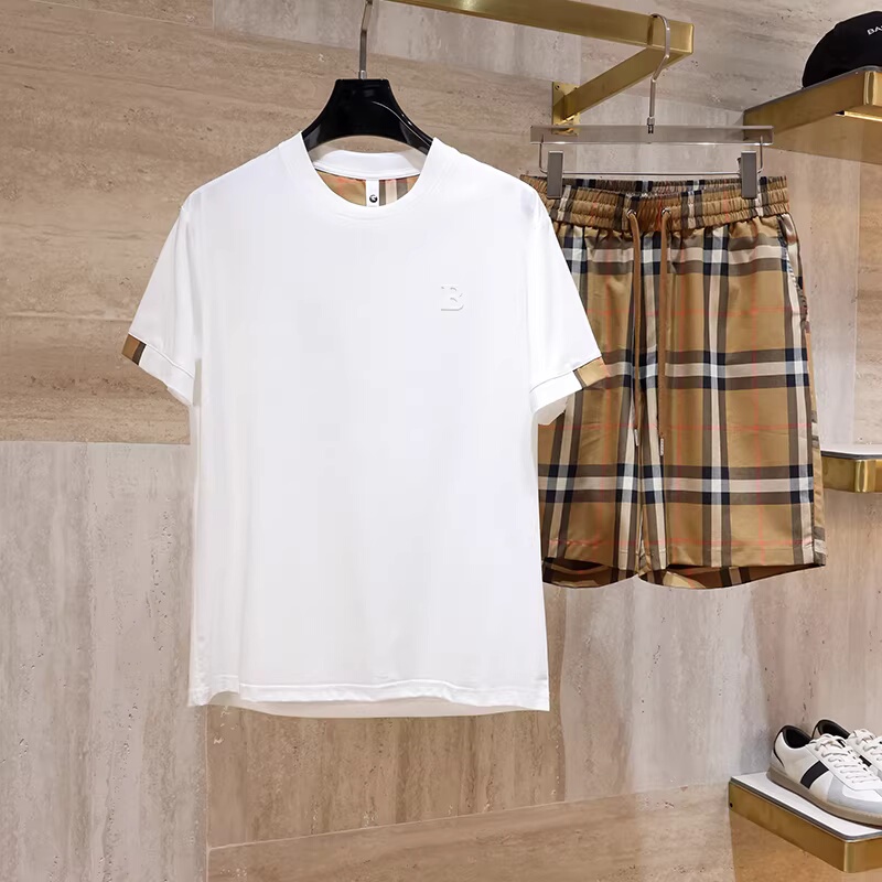 European Summer Letter Print Casual Sports Short-Sleeve T-Shirt Set for Men with Plaid Drawstring Shorts Two-Piece Trendy Set