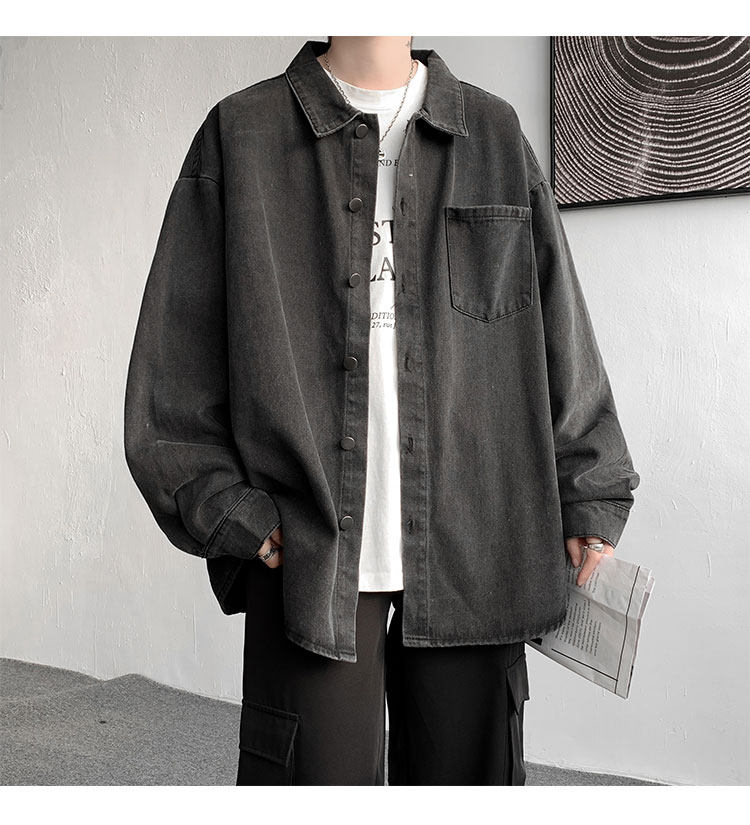 Мужская черная джинсовая осенняя демисезонная японская модная куртка, большая рубашка                