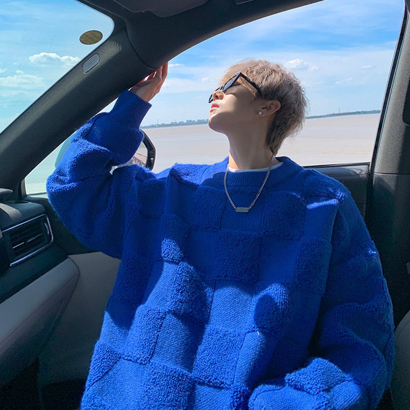 Klein Blue Towel Embroidery Plaid Crew Neck Sweater for Men, Autumn and Winter, Extra Large Size, Plus Size 150kg Knit Sweater Jacket