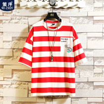 summer striped short sleeve t-shirt men plus size Korean style fashion loose tops couple bf half sleeve bottoming shirt