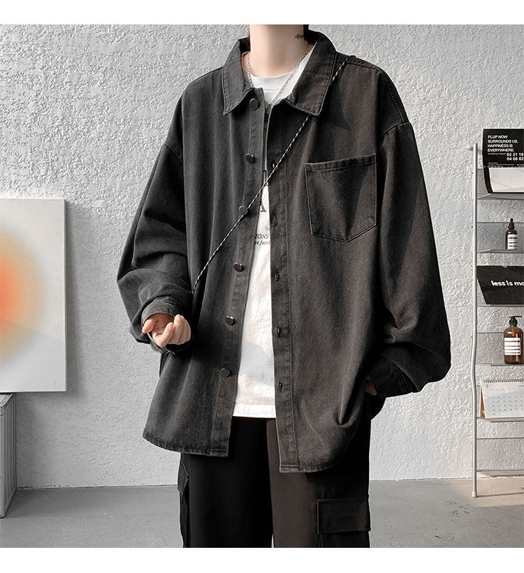 Мужская черная джинсовая осенняя демисезонная японская модная куртка, большая рубашка                