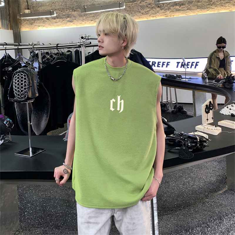 Avocado Green Sleeveless T-Shirt for Men, Summer Trendy Heavyweight Waffle Vest, American High Street Style Short-Sleeve Sweatshirt
