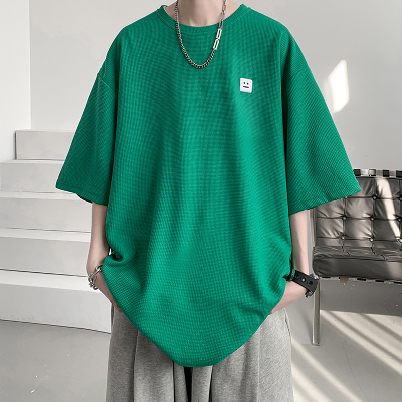 Longer Version Short-Sleeve Men's Summer Heavyweight Waffle Knit T-Shirt for Tall Individuals, Plus-Size Extra Large Half-Sleeve