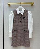 P home 2021 early Spring New temperament lapel collar thin plaid mosaic dress inverted triangle standard Bubble bubble sleeve skirt