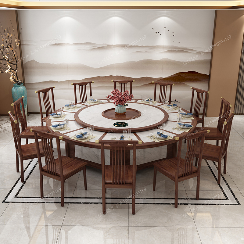 Hotel dining table large round table electric turntable 15 20 people hotel table chair combination restaurant box 1.8 meters table