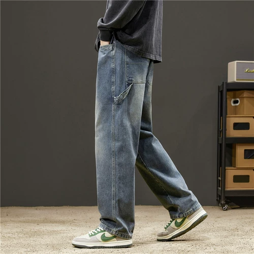 Демисезонные джинсы, штаны, эластичная талия, свободный прямой крой