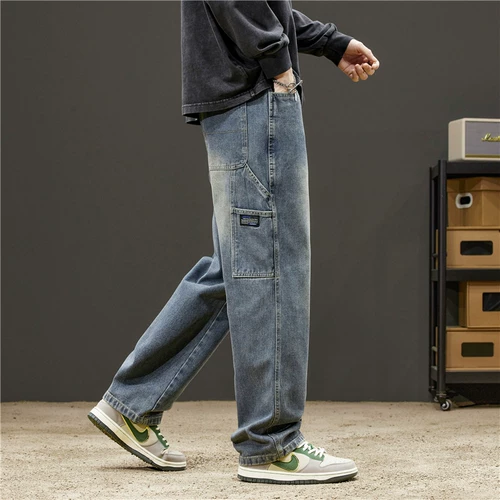 Демисезонные джинсы, штаны, эластичная талия, свободный прямой крой