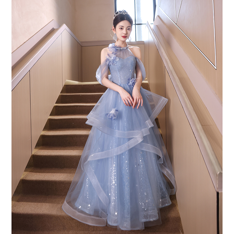Blue Banquet Evening Dress for Women 2026 New High-End Light Luxury Niche Host Style Sophisticated Art Exam Coming-Of-Age Ceremony