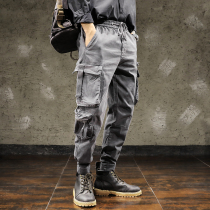 Gray overalls men's tide bundles with Martin boots pants Relaxed in winter and multi-pocket casual pants