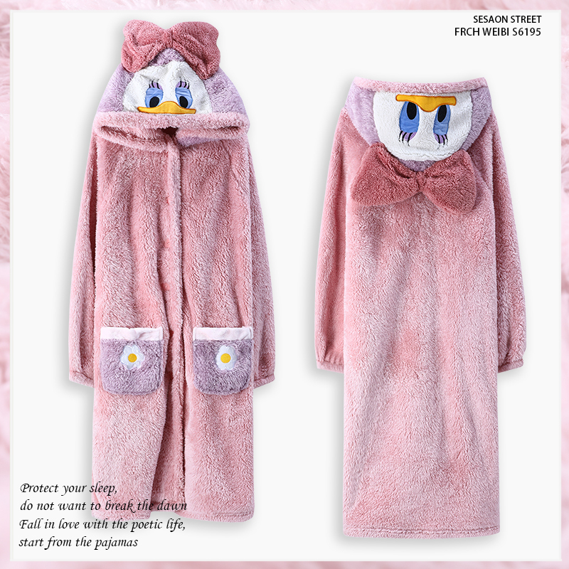 Winter Coral Velvet Pajamas, Thickened and Fleece-Lined Cardigan Nightgown, Mid-Length Pink Girly Flannel Warm Home Clothes